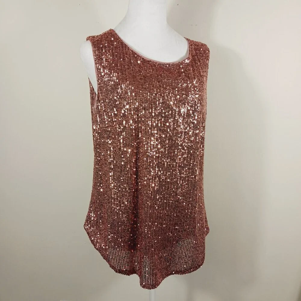 DKNY, Sleeveless Sequin Top, Dusty Pink, Size Large, Glam, Sparkly, Party - Picture 5 of 16